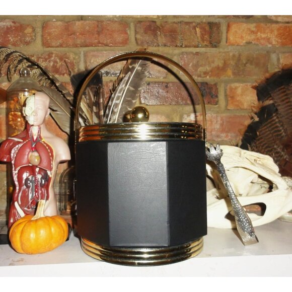 Vintage Preferred Stock Black Octagonal Ice Bucket w/ Gold Trim tongs mcm 1970s - Picture 6 of 9